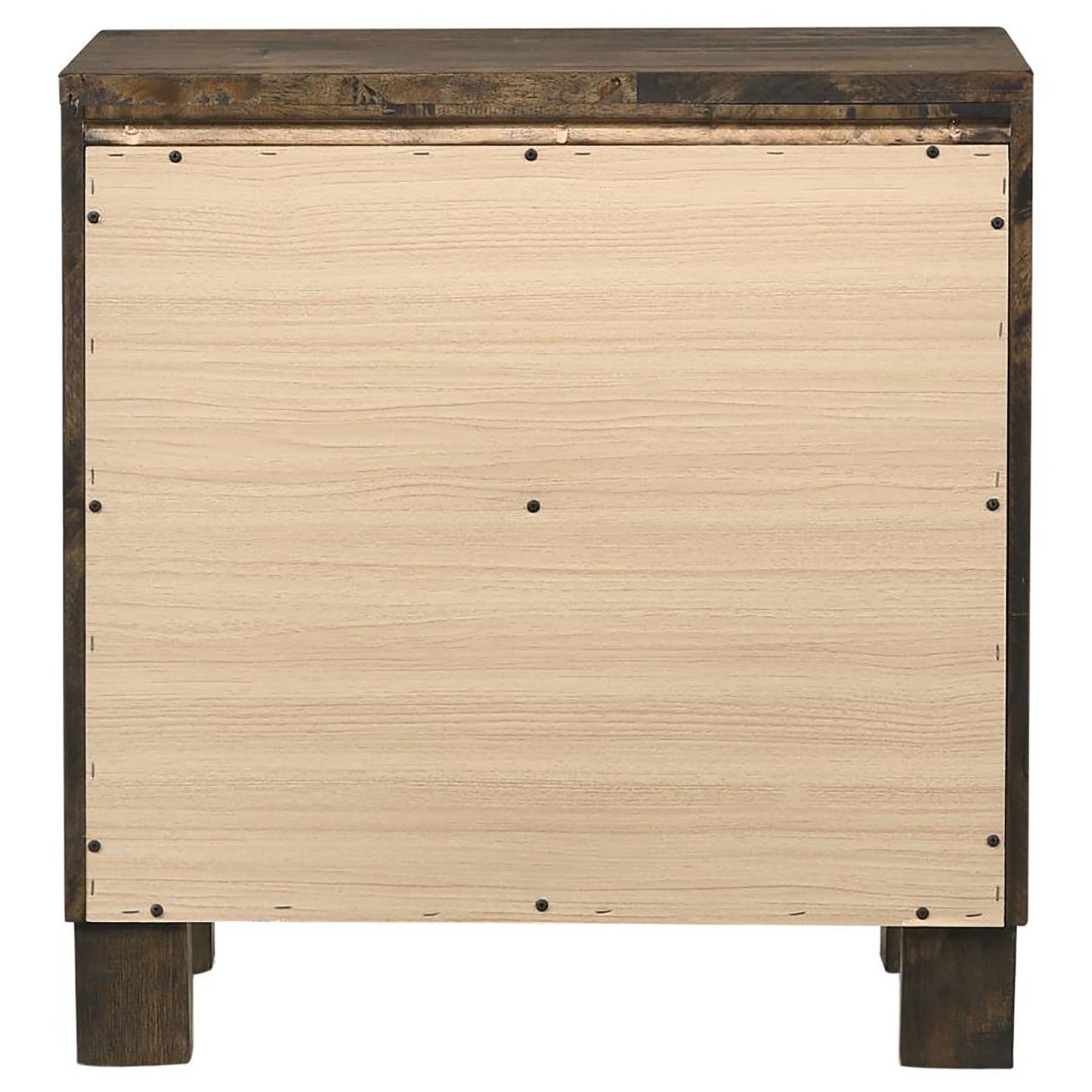 Back view of rustic dark wood nightstand with light wood panel