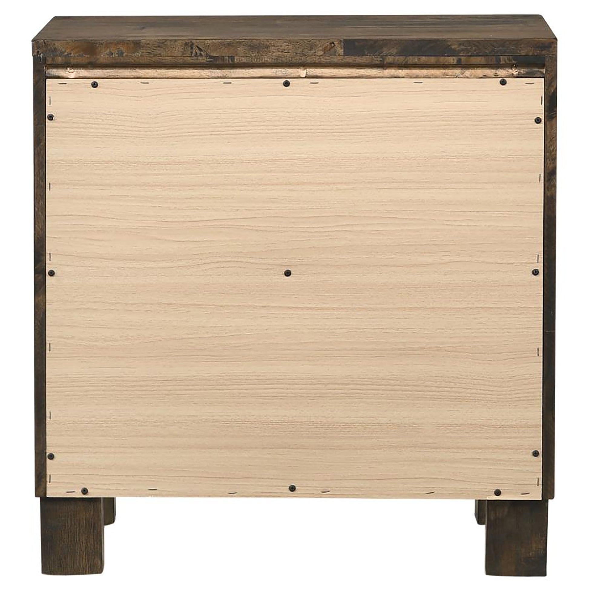 Back view of rustic dark wood nightstand with light wood panel