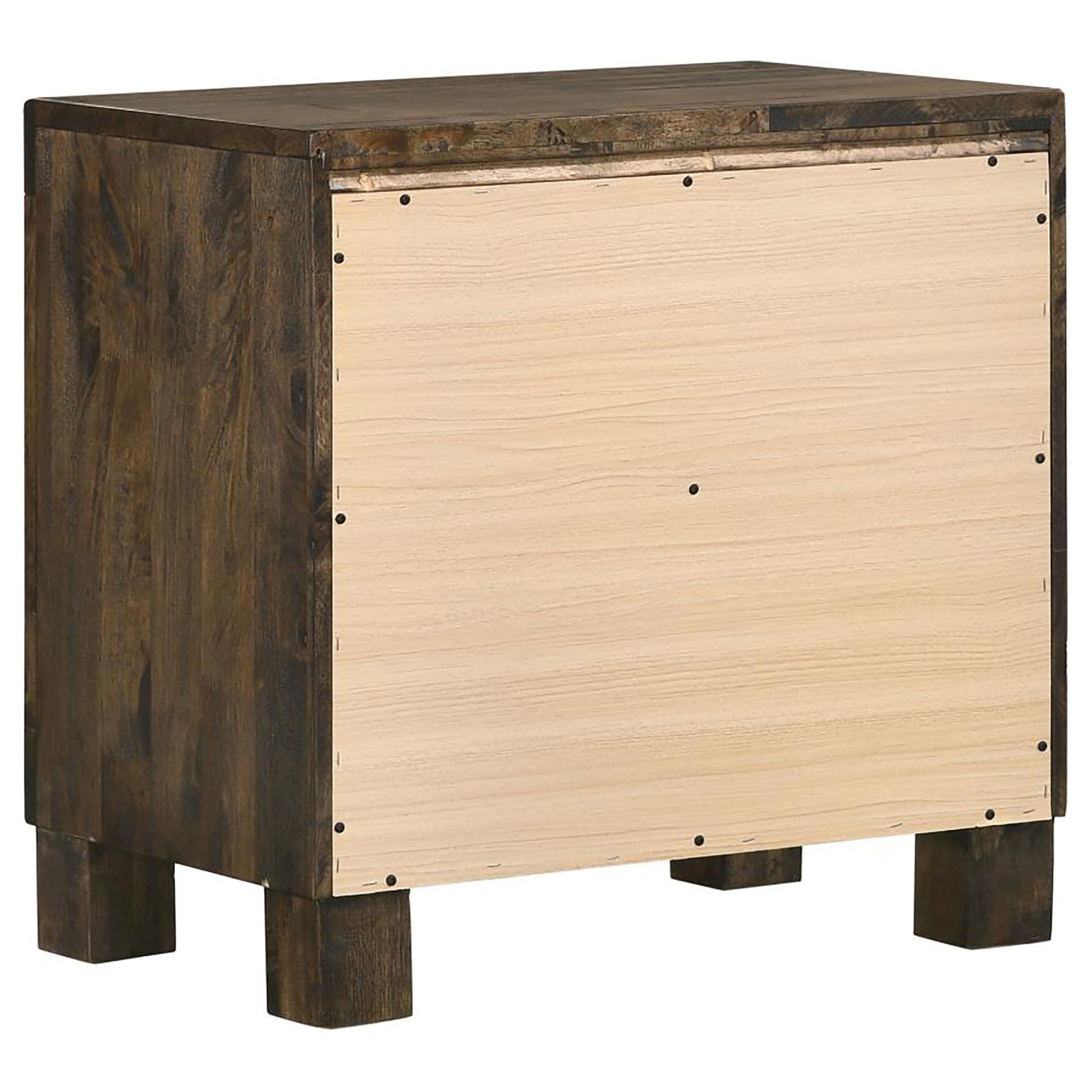 Dark wood dresser back panel exposed featuring unfinished pine for bedroom storage