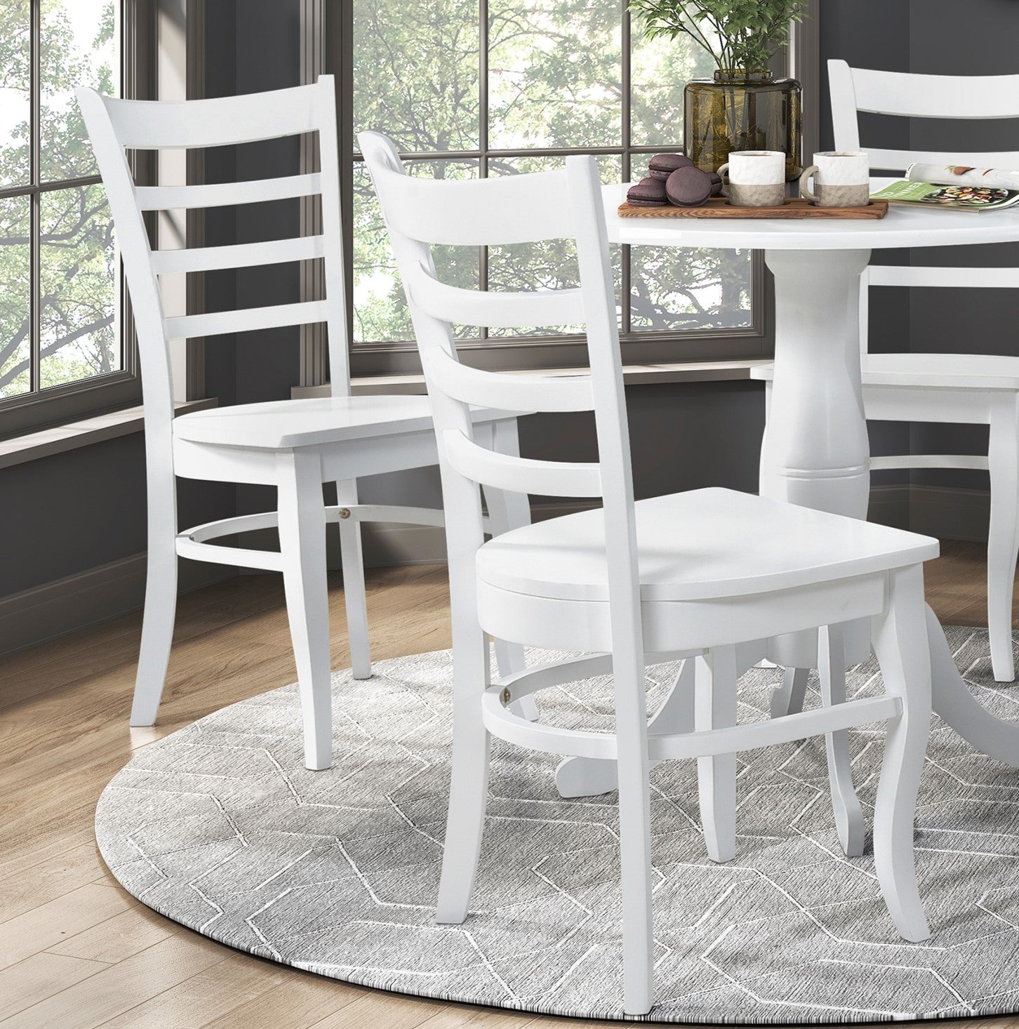 White wooden ladder back dining chair set modern farmhouse style
