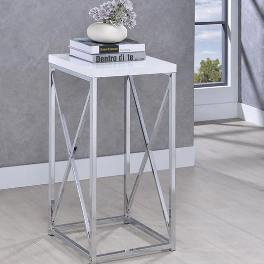 Glossy white top accent table with a chrome Xframe base