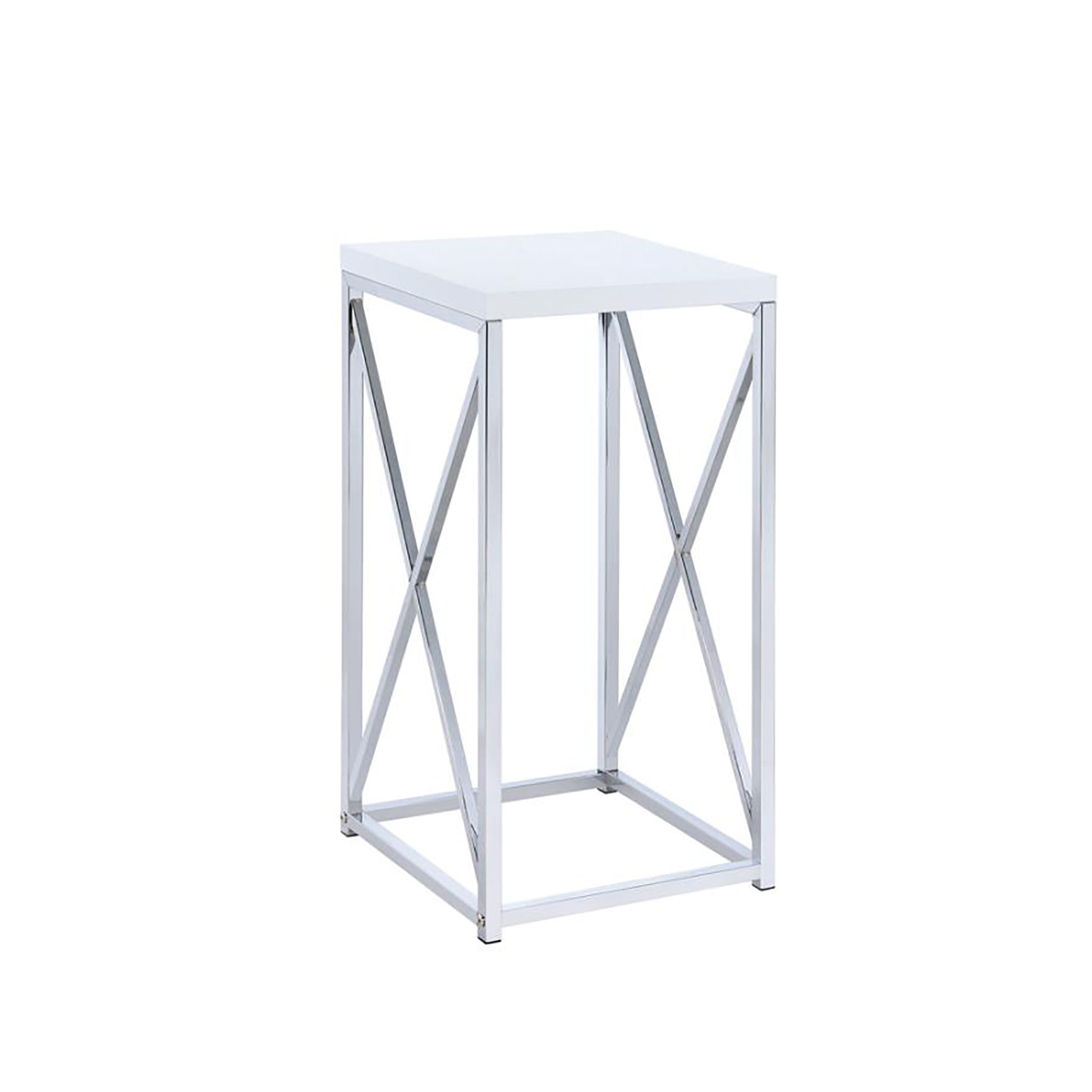 Modern white top end table with polished chrome Xframe legs