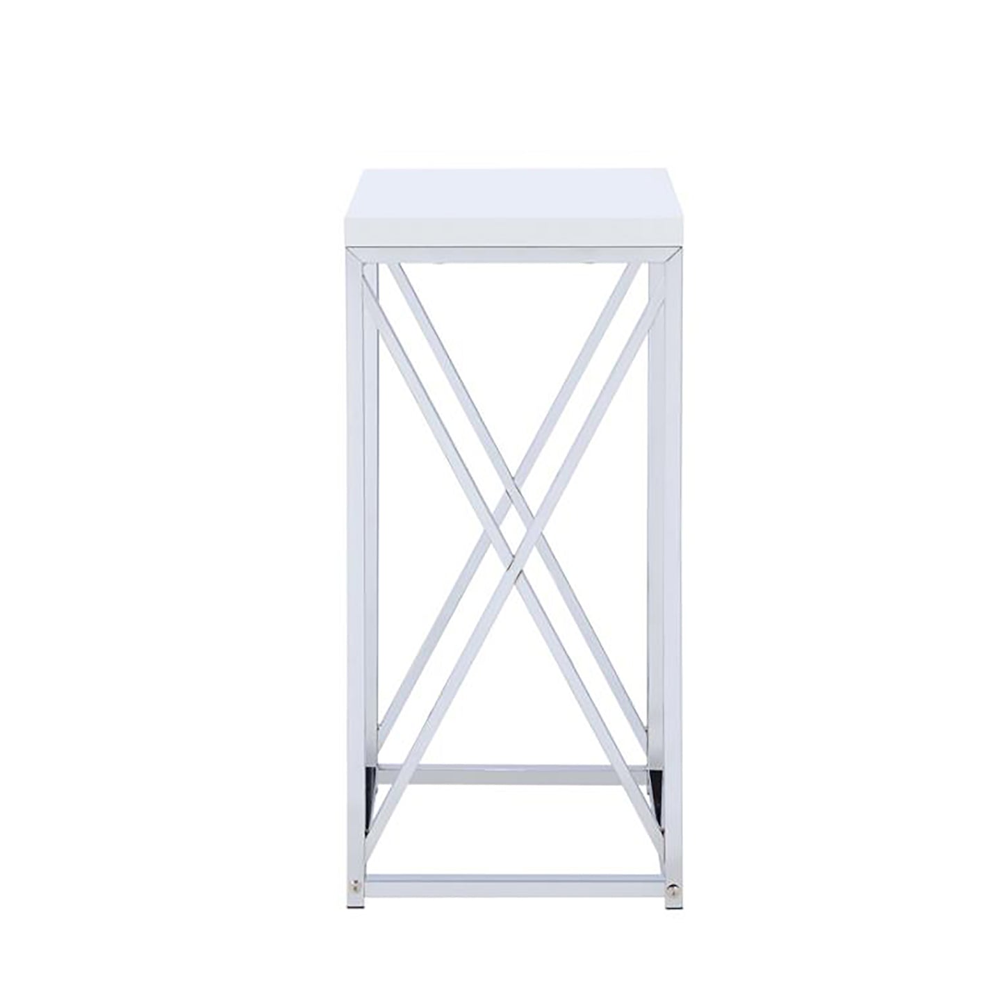 Modern white rectangular pedestal table with chrome Xframe base
