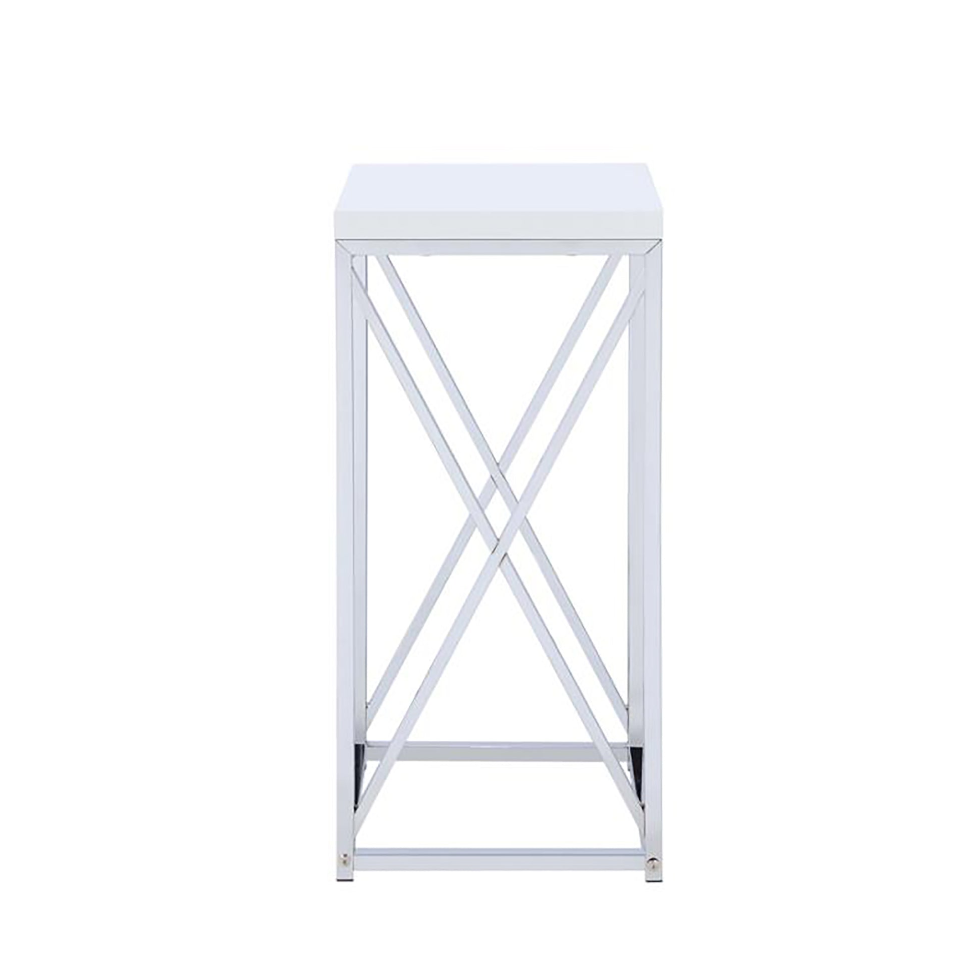 Modern white rectangular pedestal table with chrome Xframe base