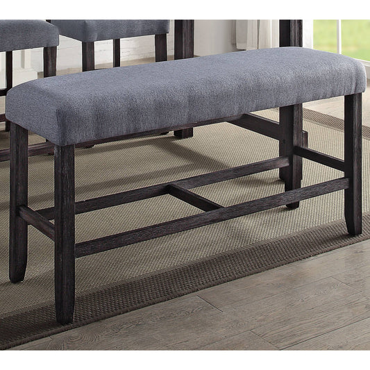 Modern grey upholstered dining bench with dark wood legs perfect for kitchen seating