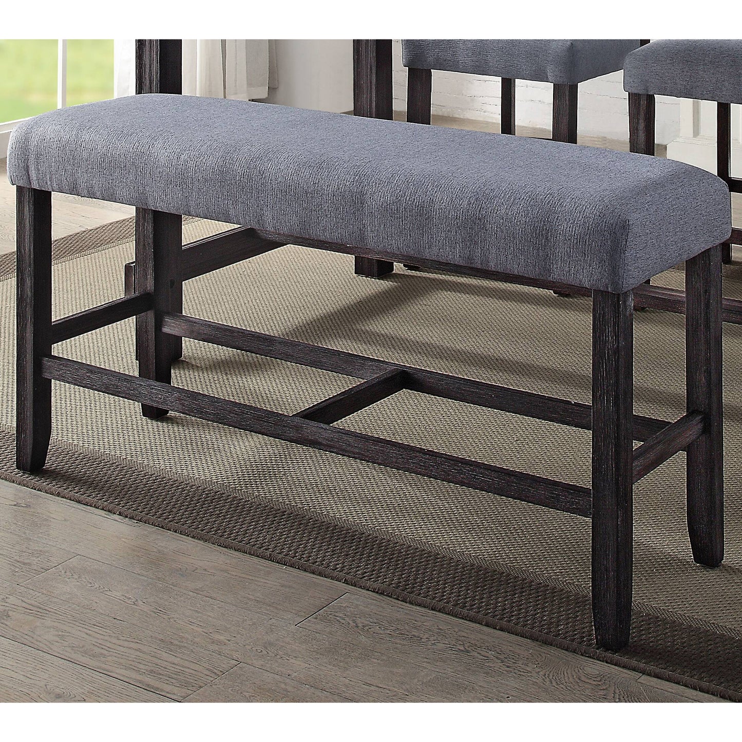 Dark wood upholstered dining bench with grey fabric seat perfect for kitchens