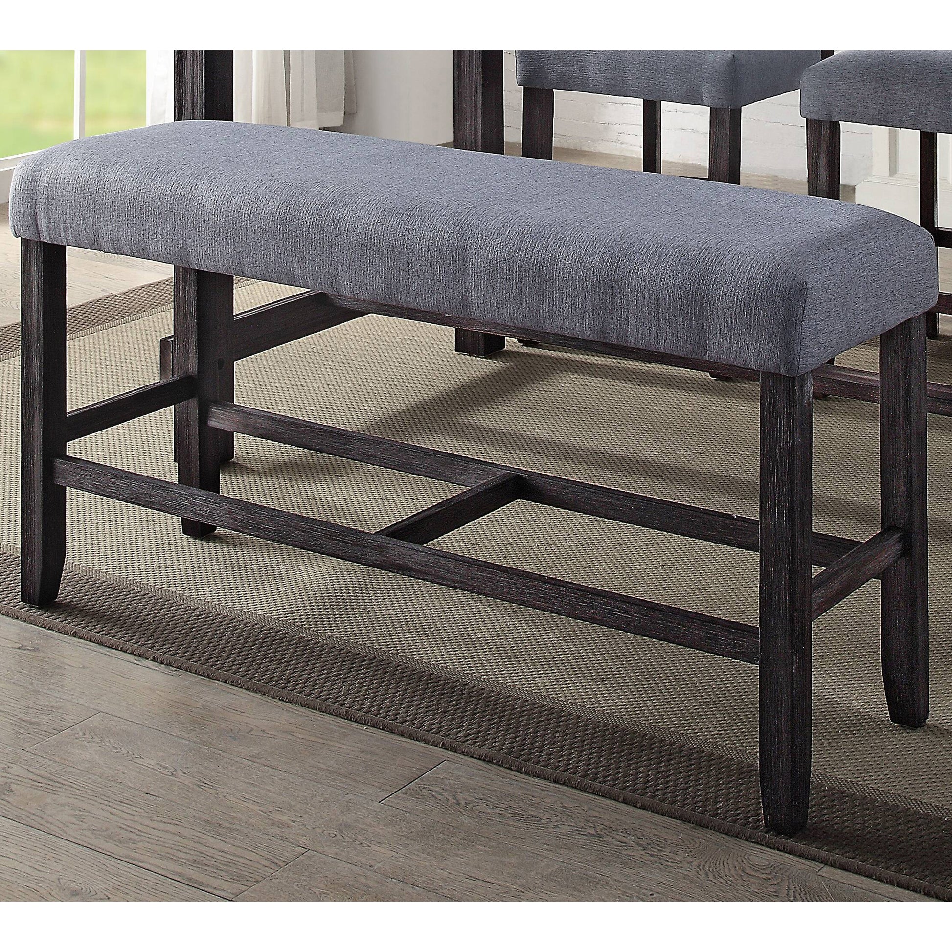 Dark wood upholstered dining bench with grey fabric seat perfect for kitchens