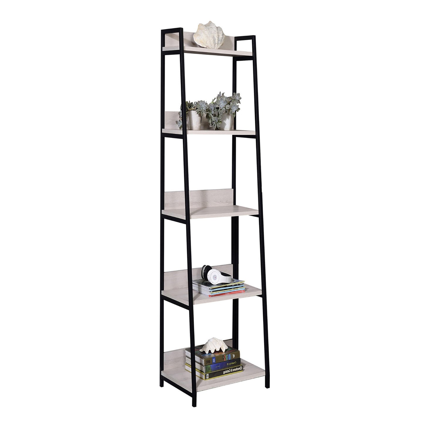 Tall ladder shelf with light wood grain and black metal frame ideal for living room storage