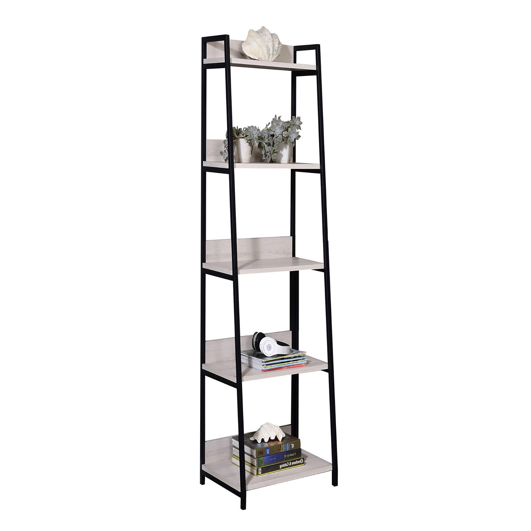 Tall ladder shelf with light wood grain and black metal frame ideal for living room storage