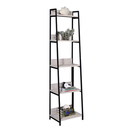 Tall ladder shelf with light wood grain and black metal frame ideal for living room storage