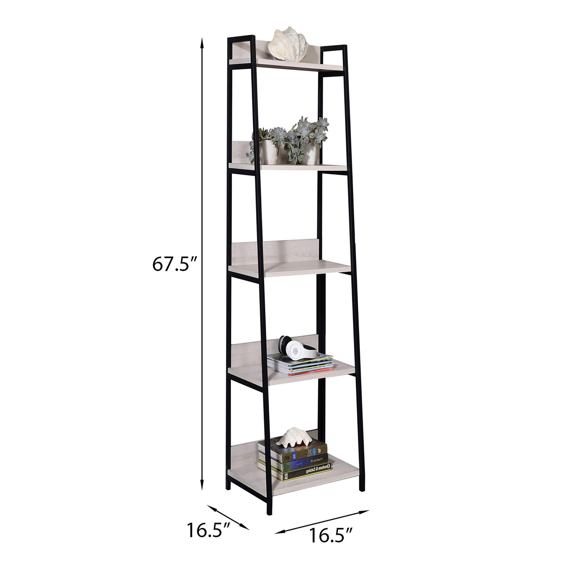 tier ladder shelf with black metal frame and light wood grain shelves for home organization