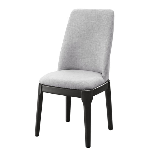 Light grey upholstered dining chair with dark wood legs