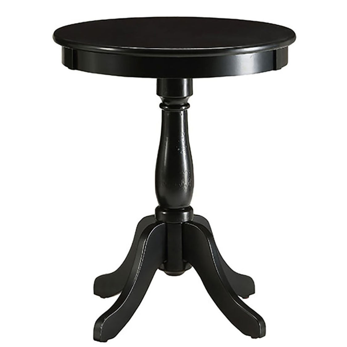 Elegant black wooden pedestal accent table with a round top and ornate base