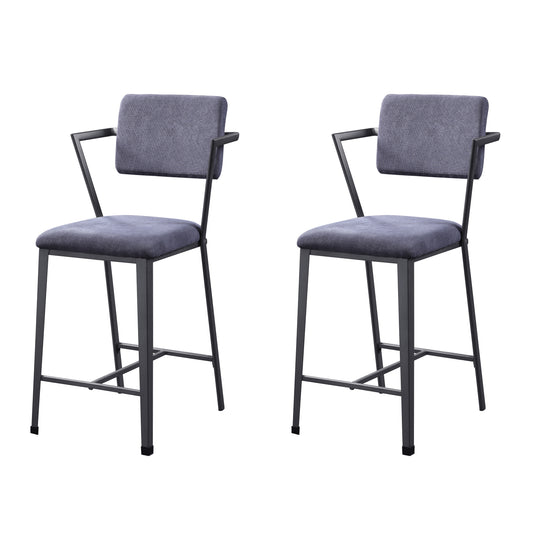 Gray fabric upholstered counter stool with black metal legs and armrests Modern design