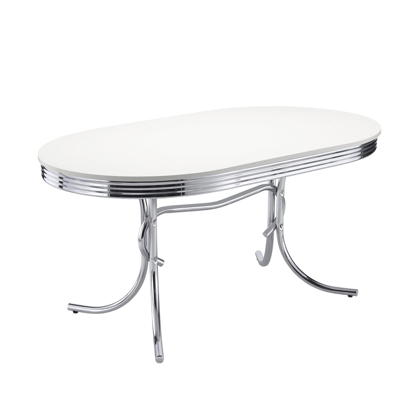 Oval white tabletop with chrome trim on a chrome pedestal base dining table