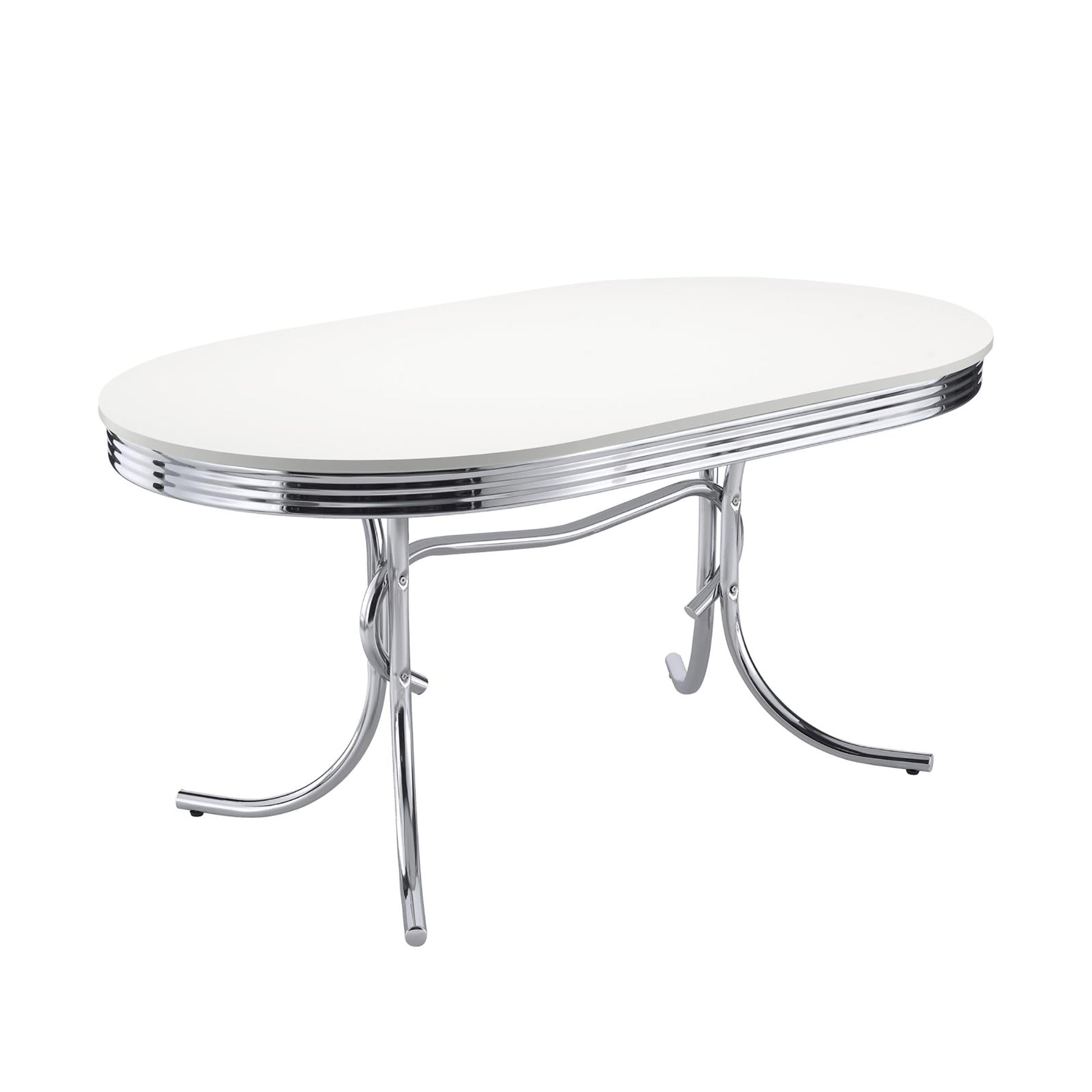 Oval white tabletop with chrome trim on a chrome pedestal base dining table