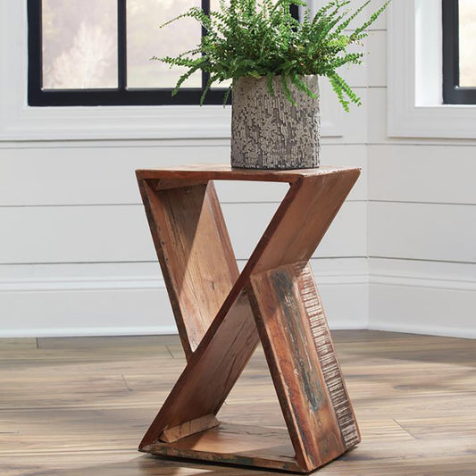 Rustic wood accent table with a unique Xbase design