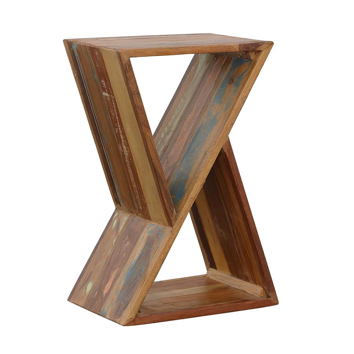 Rustic reclaimed wood accent table with unique geometric cross design and multicolor finish
