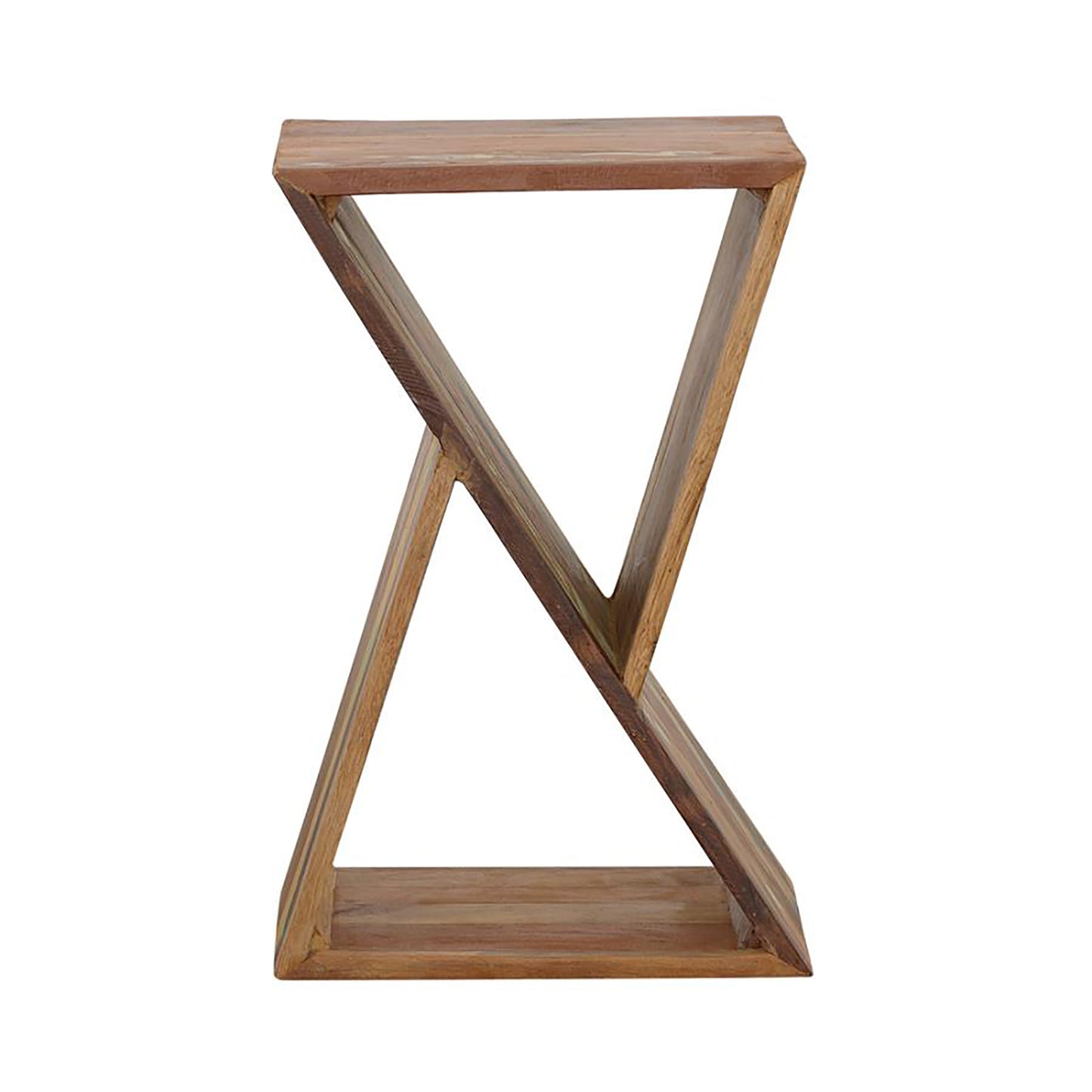 Rustic wooden accent table with an hourglassshaped geometric base