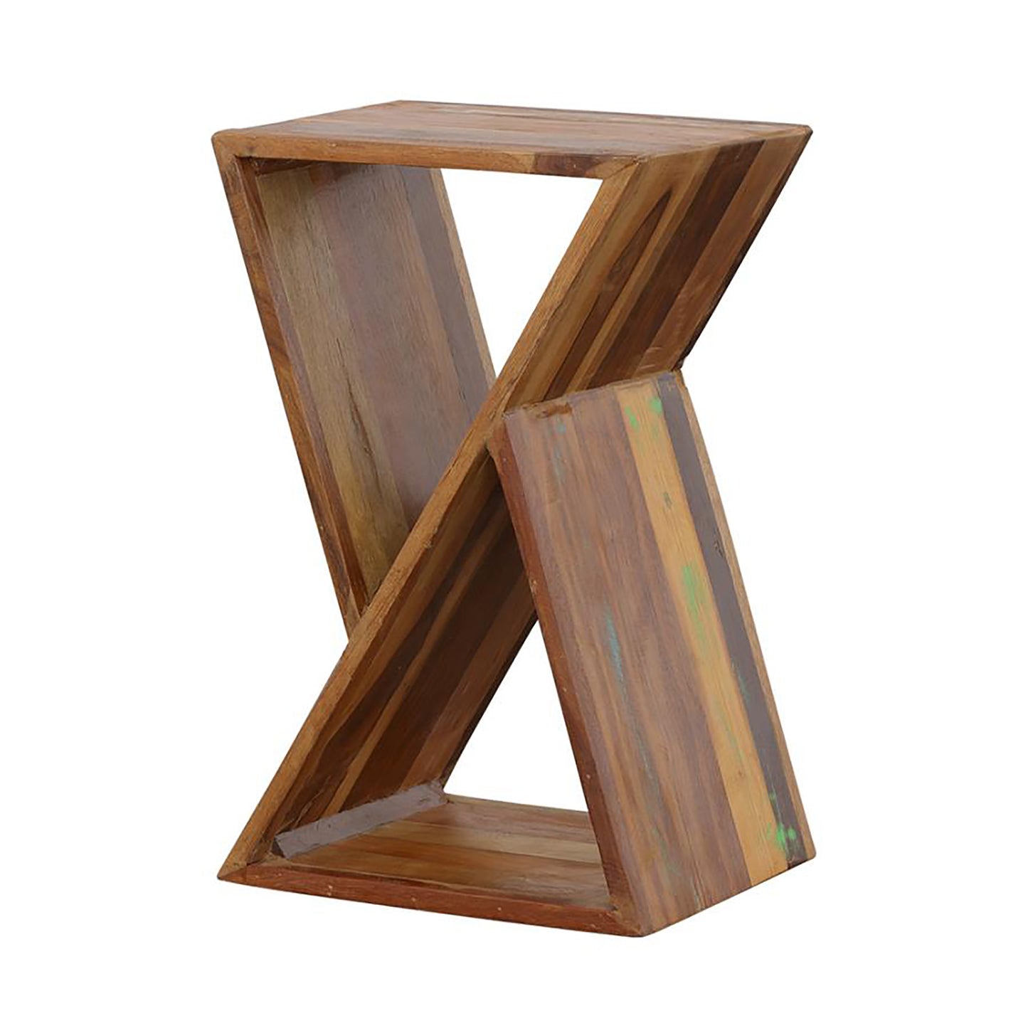 Distressed wood accent table with a unique geometric design perfect for modern decor