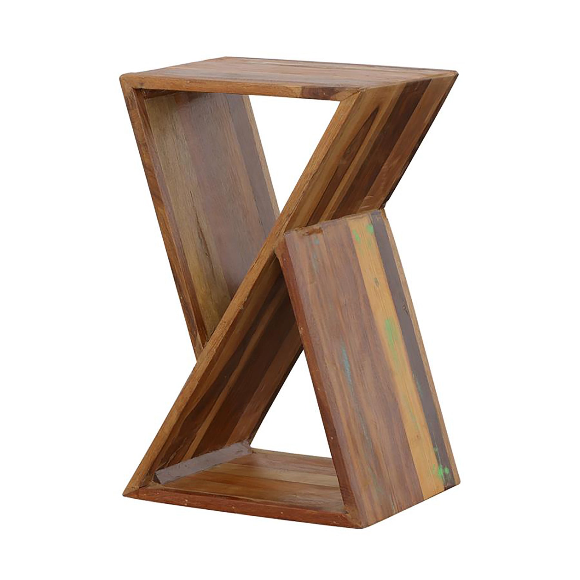 Distressed wood accent table with a unique geometric design perfect for modern decor