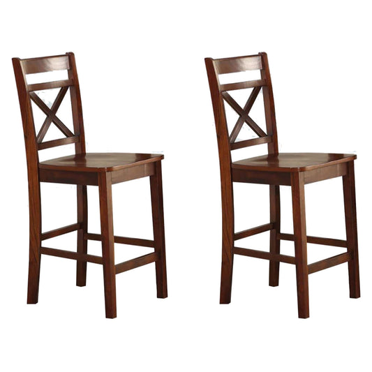 Two dark wood counter height stools with Xback detail and square seats