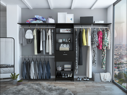 Black closet organizer with hanging clothes and folded items