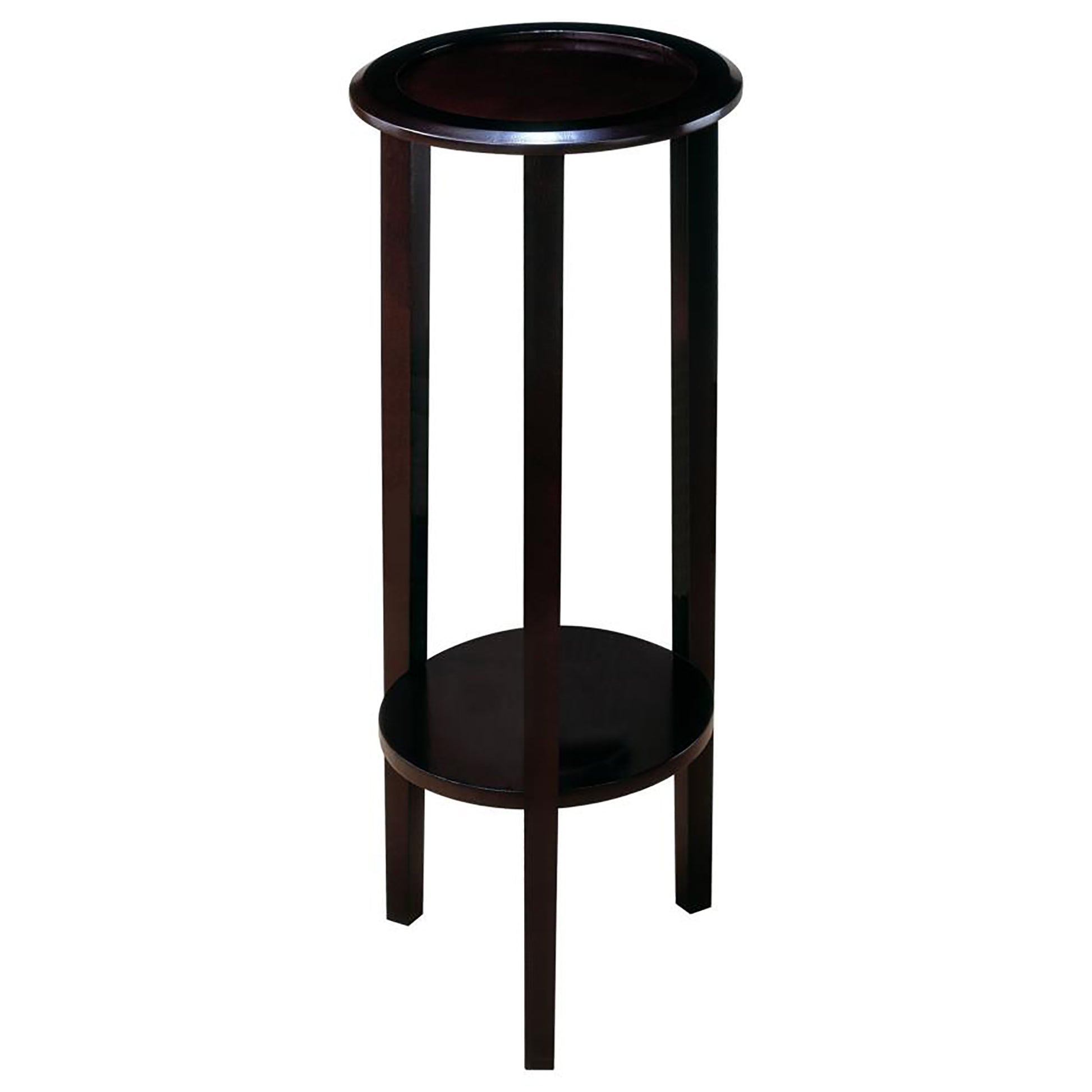Tall dark wood plant stand with circular top and shelf