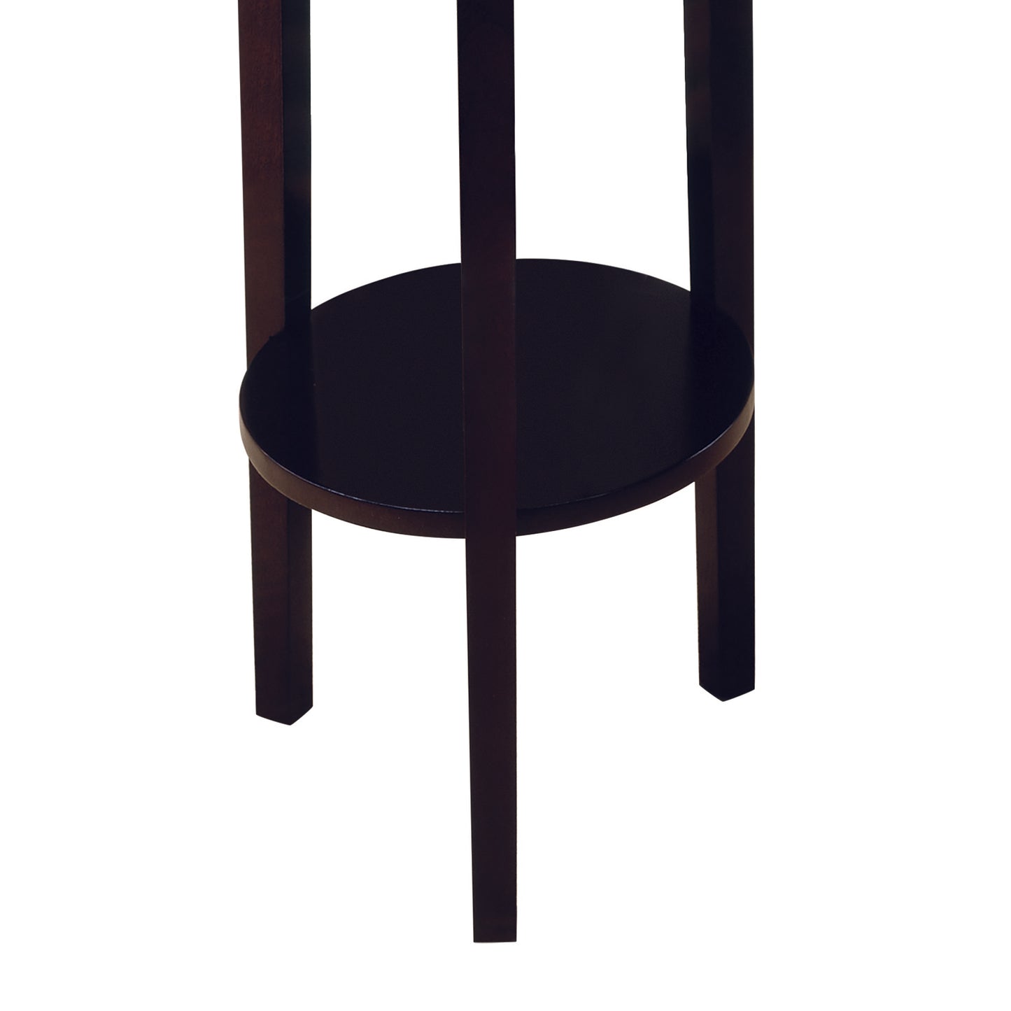 Dark espresso finished wooden plant stand with three legs and a circular shelf