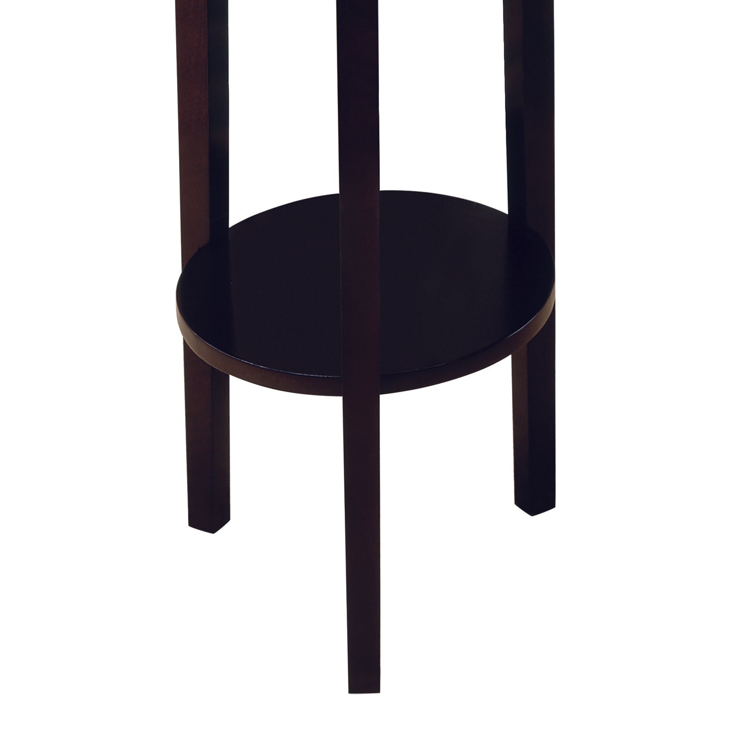 Dark espresso finished wooden plant stand with three legs and a circular shelf