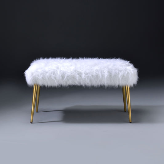 White fluffy ottoman with gold tapered legs