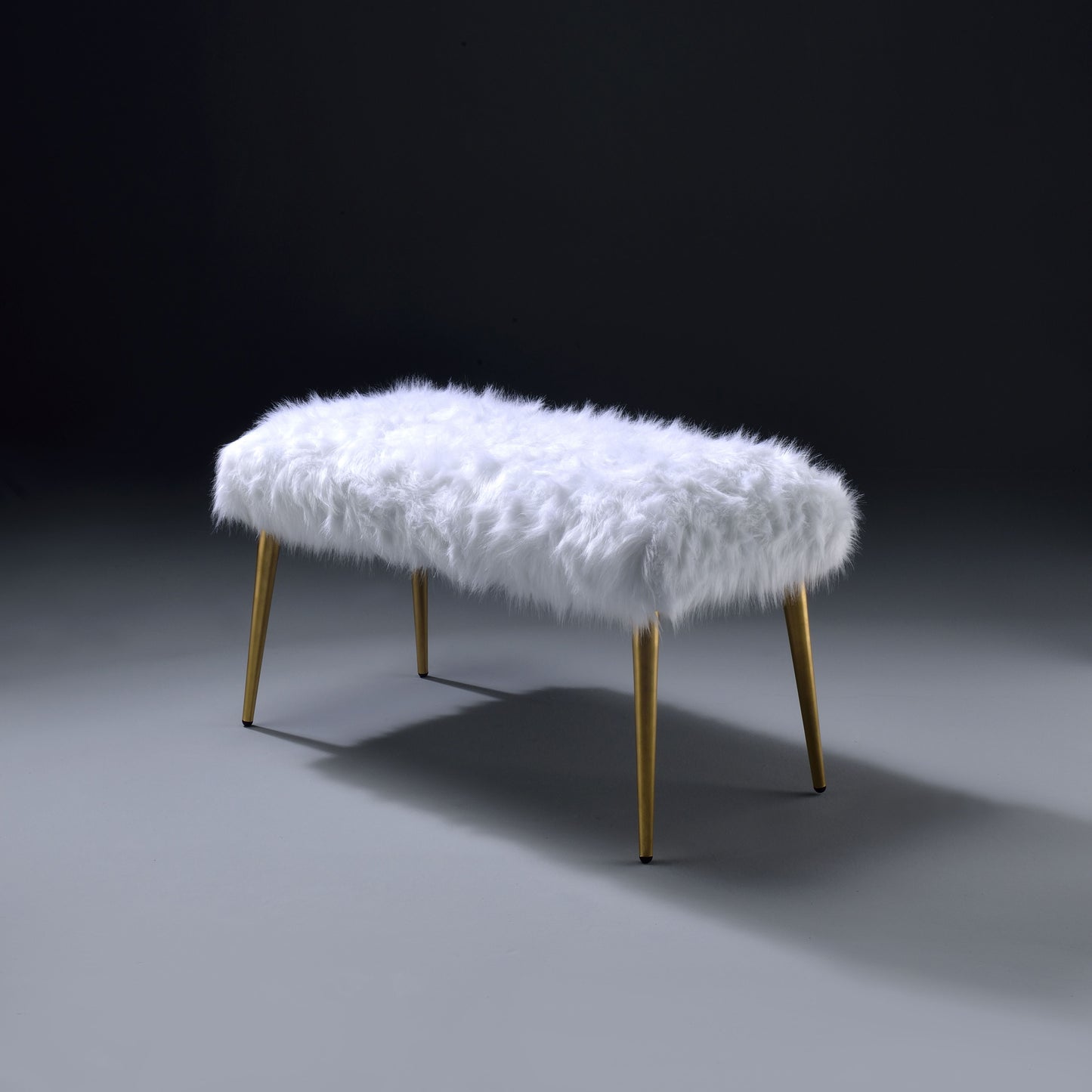White fluffy faux fur bench with gold tapered legs elegant accent furniture
