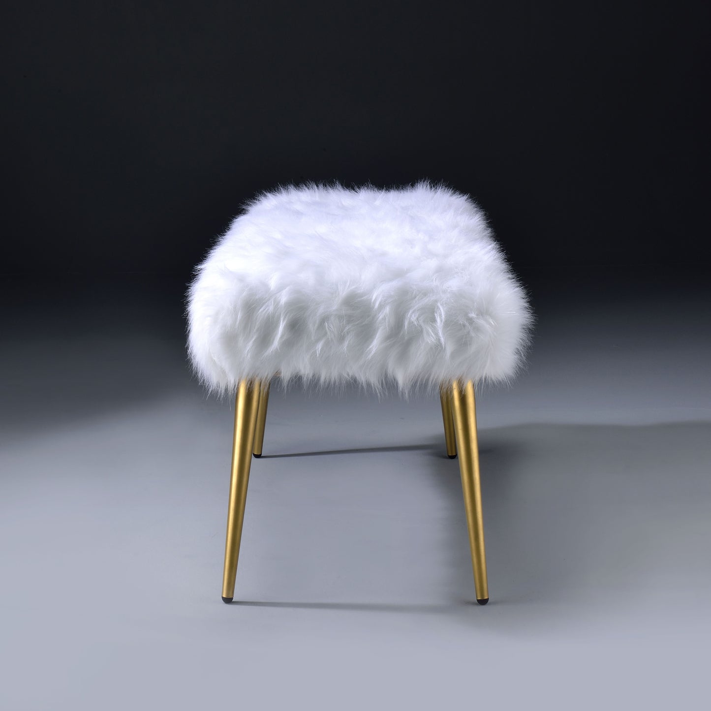 Fluffy white faux fur ottoman with gold legs chic accent seating