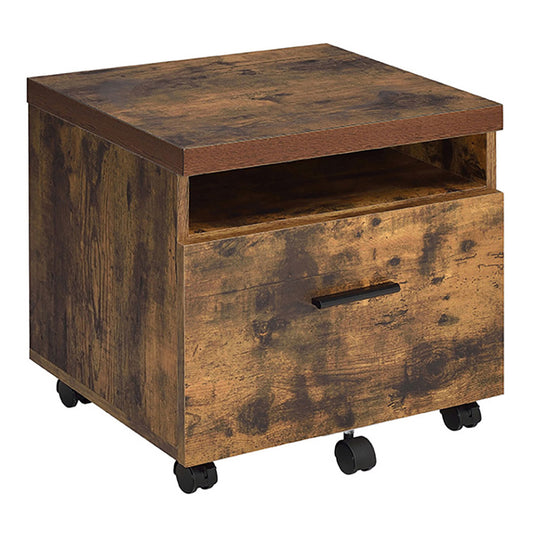 Rustic brown twodrawer filing cabinet with metal drawer pull and casters