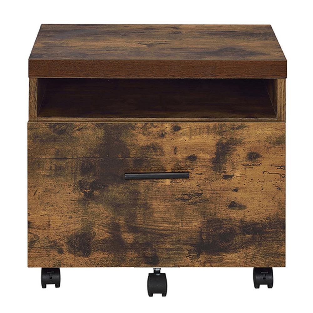 Rustic brown wooden filing cabinet with one drawer and open shelf on wheels