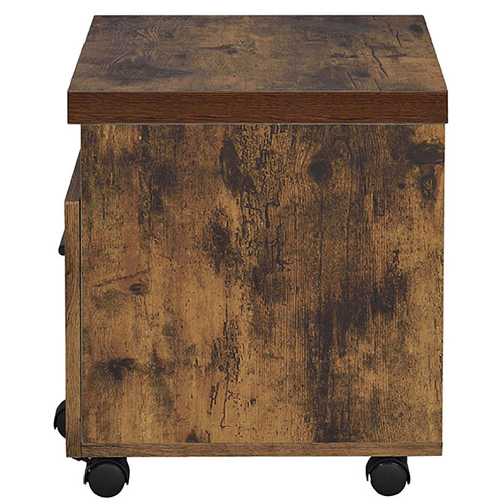Rustic brown wood filing cabinet with casters and distressed finish