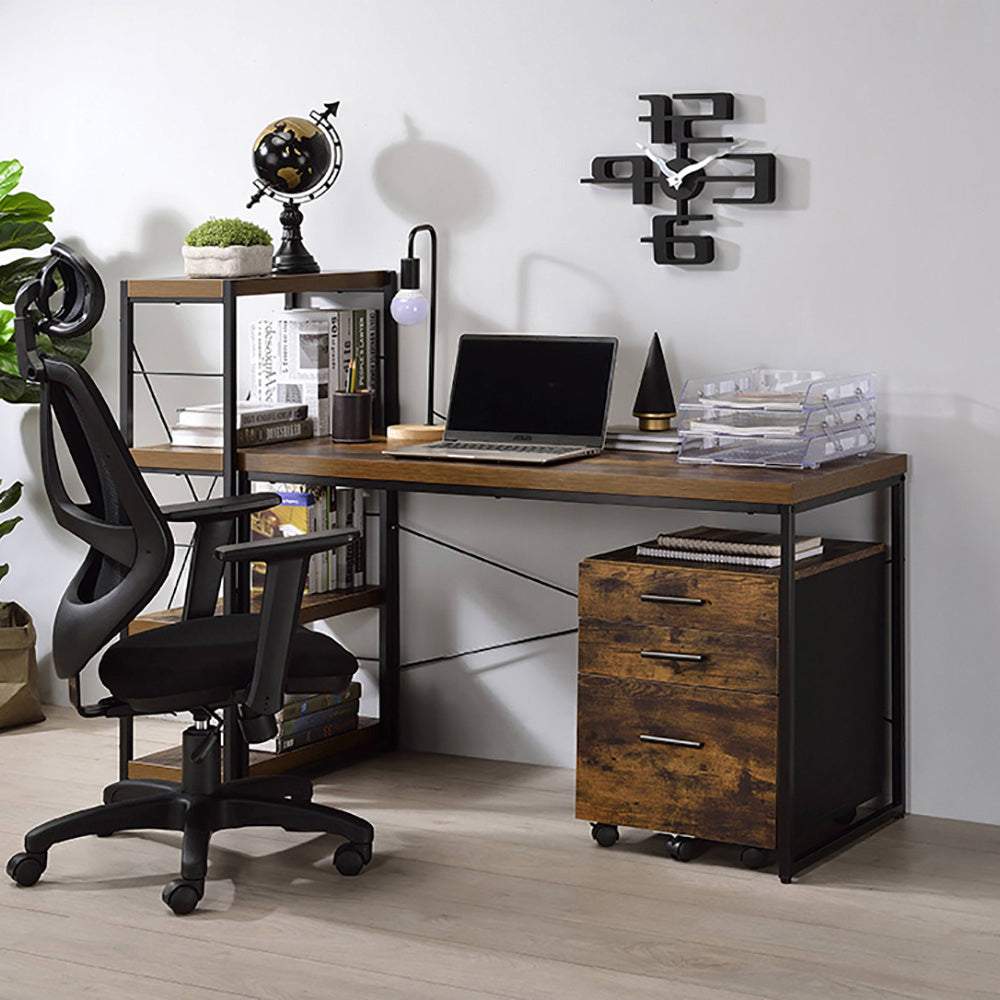 Rustic wood home office desk with black metal frame and shelving unit