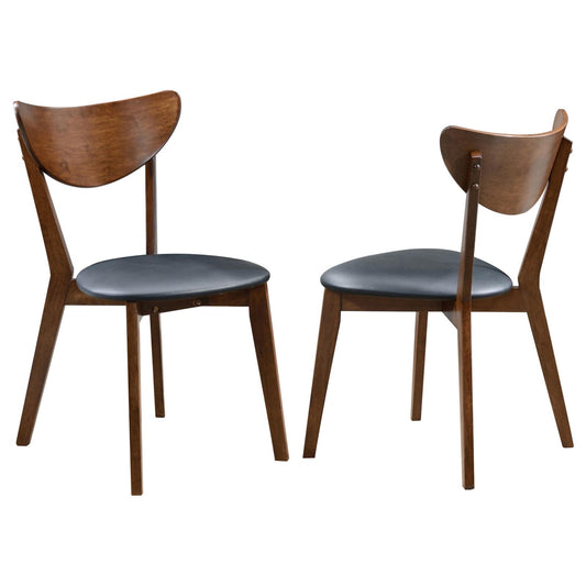 Two dark wood dining chairs with curved backs and black upholstered seats
