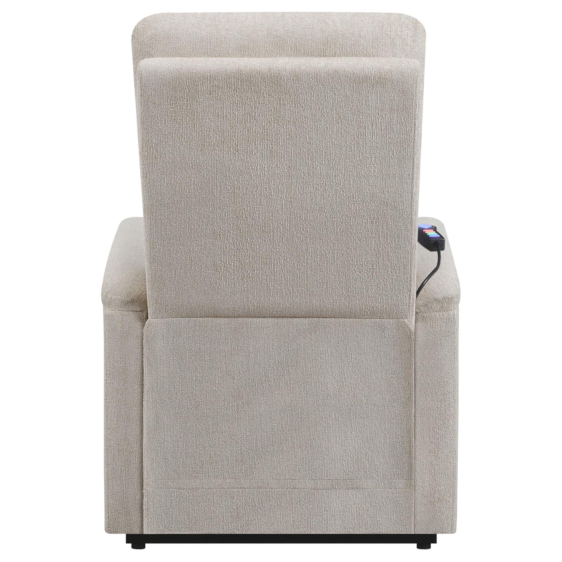 Beige fabric power recliner chair with remote control for adjustable seating
