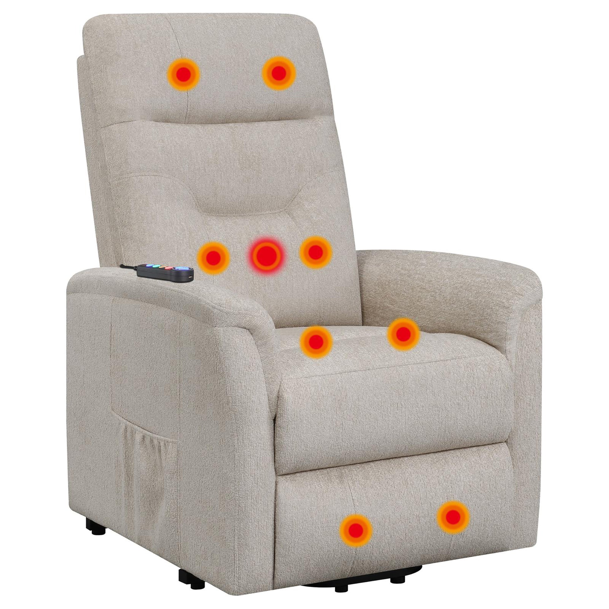 Beige fabric massage recliner with integrated heat points and remote control