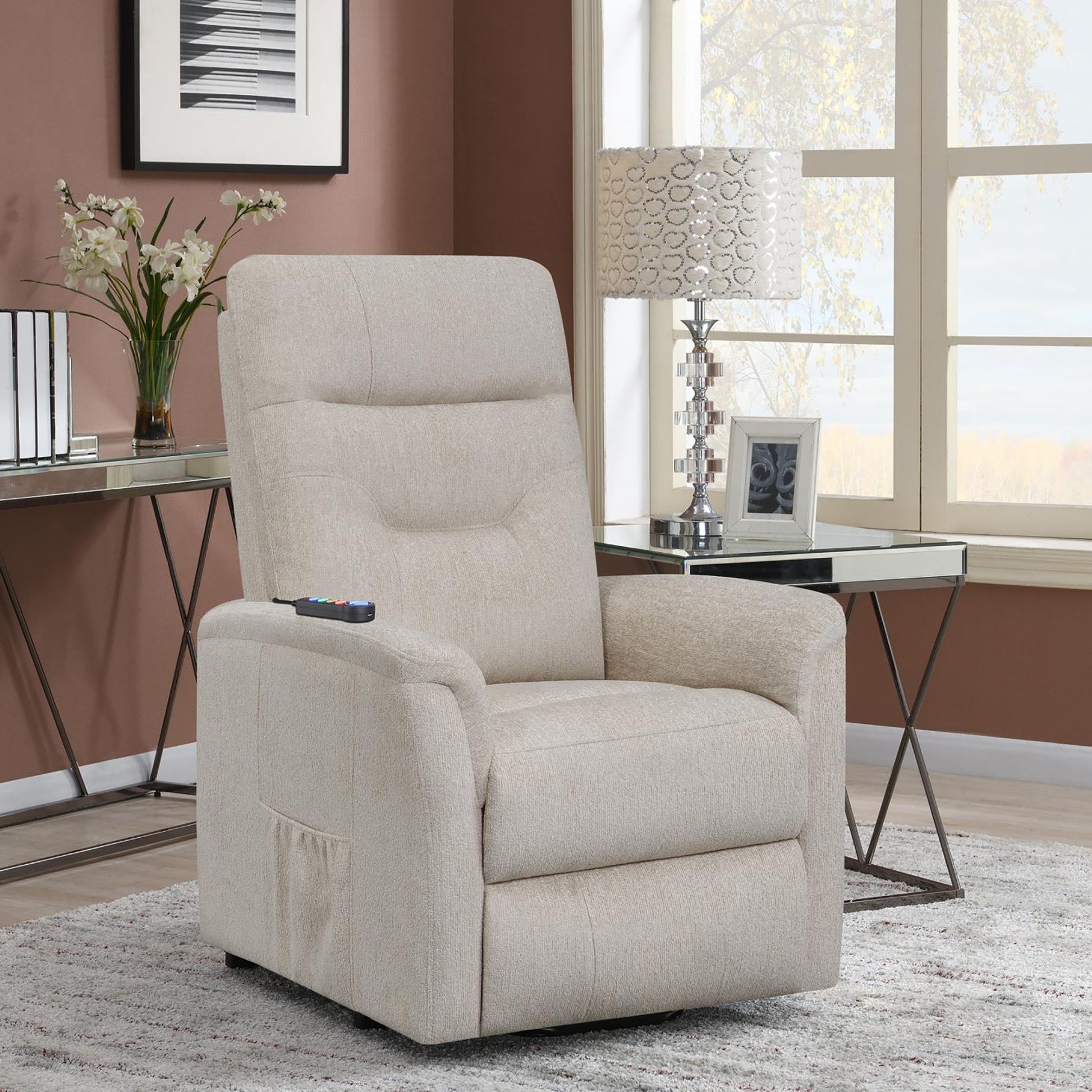Beige fabric power recliner with plush cushioning and integrated remote control
