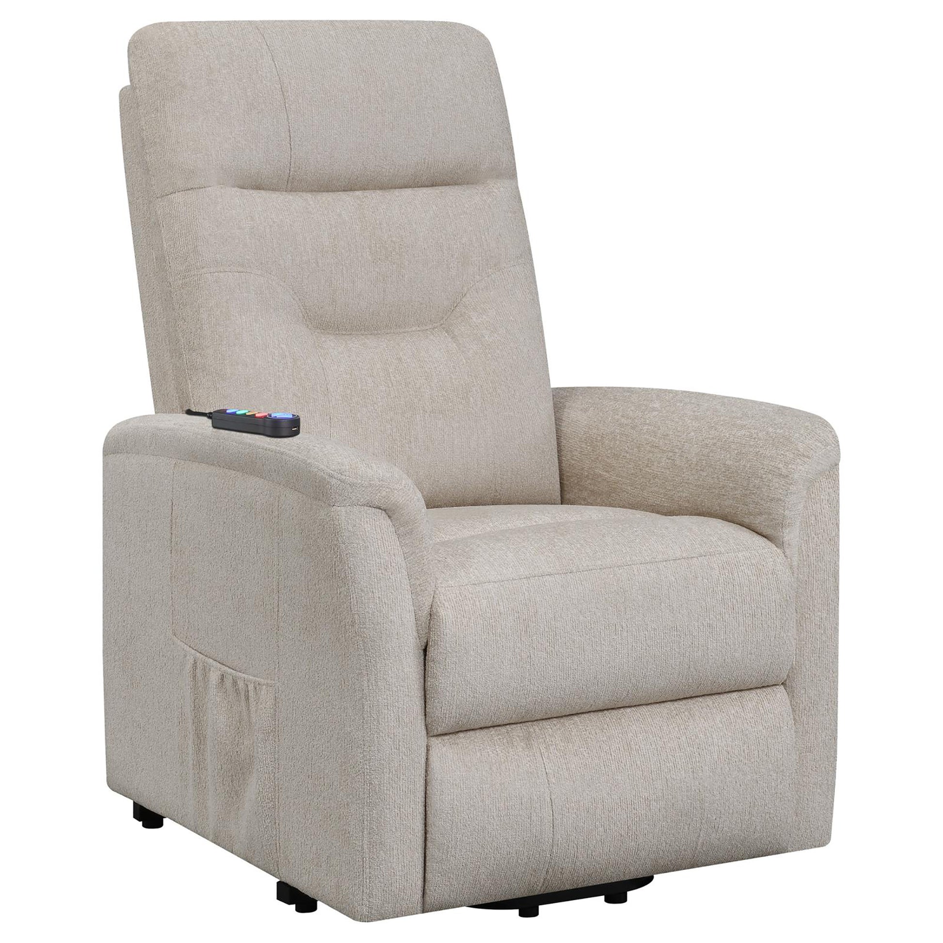 Tan fabric power lift recliner with remote control for seniors