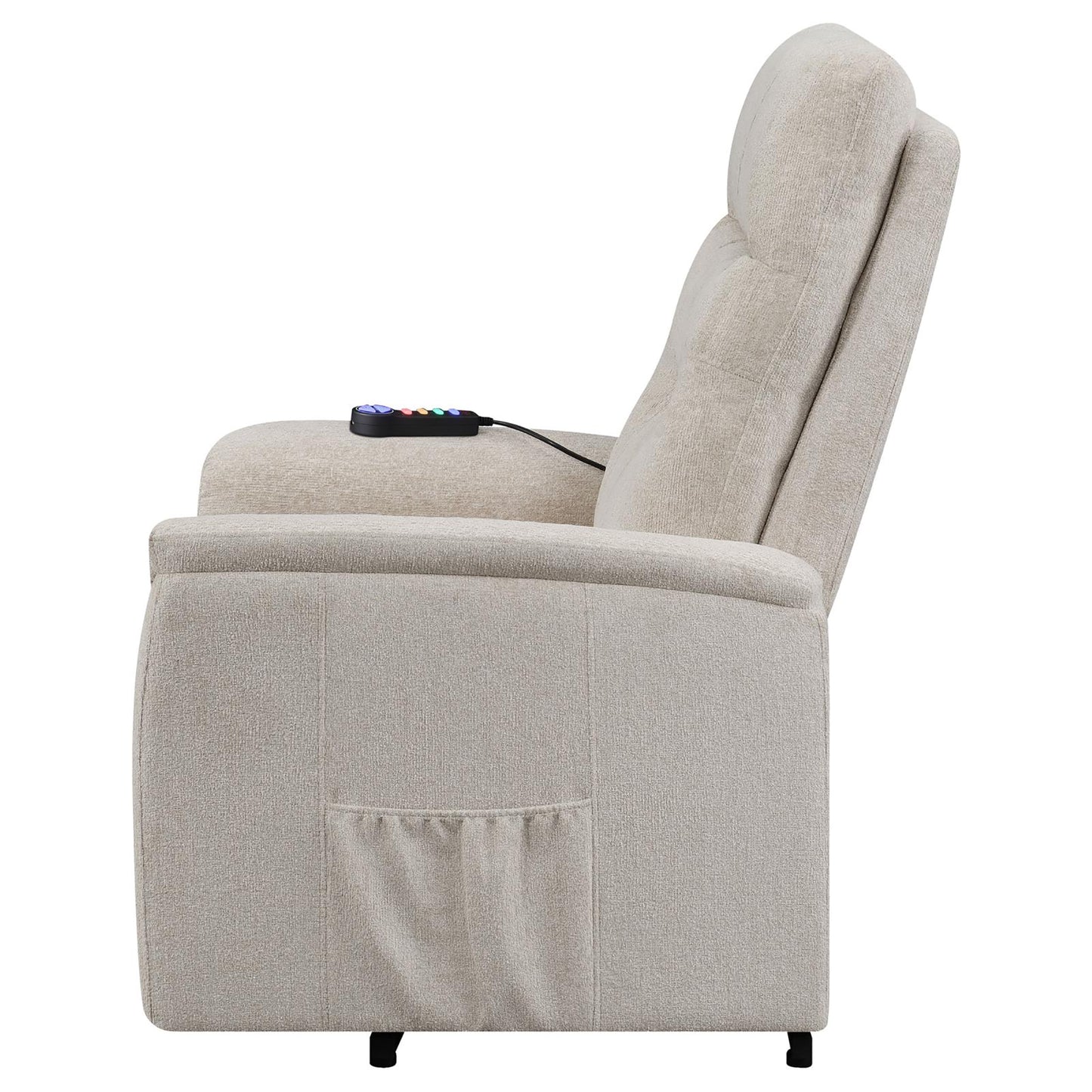 Beige fabric lift chair with side pocket and remote control for assisted mobility