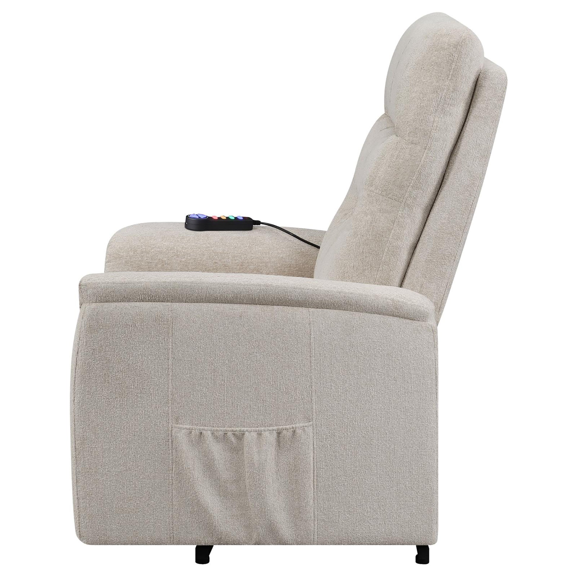 Beige fabric lift chair with side pocket and remote control for assisted mobility