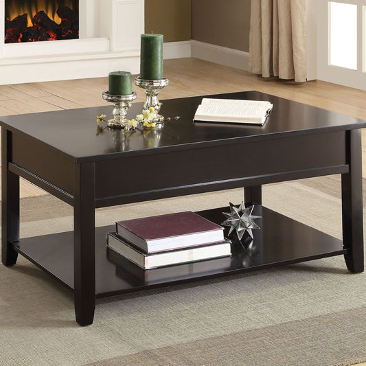 Dark brown wooden coffee table with a lower shelf books and a decorative star