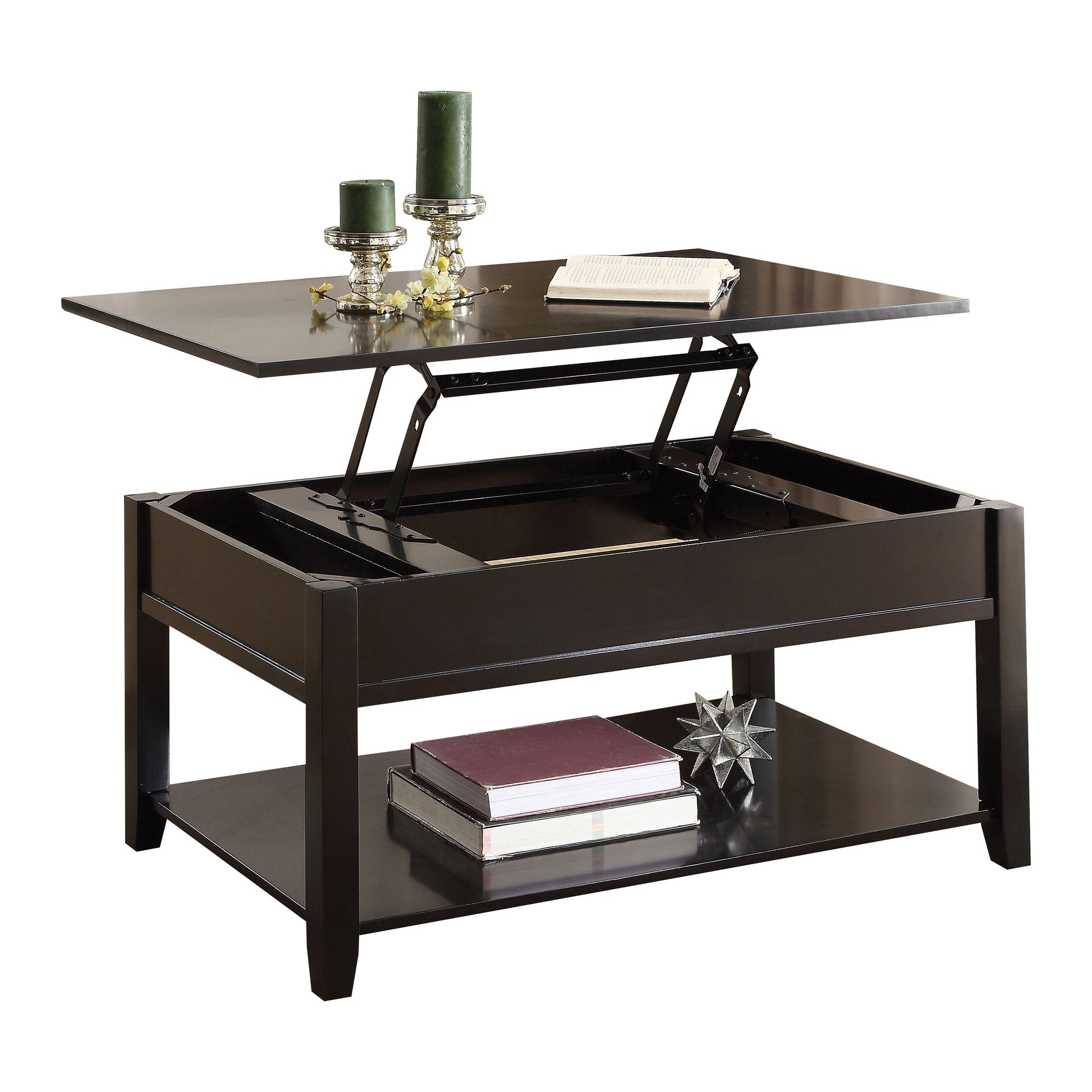 Dark brown lift top coffee table with hidden storage and lower shelf perfect for living rooms