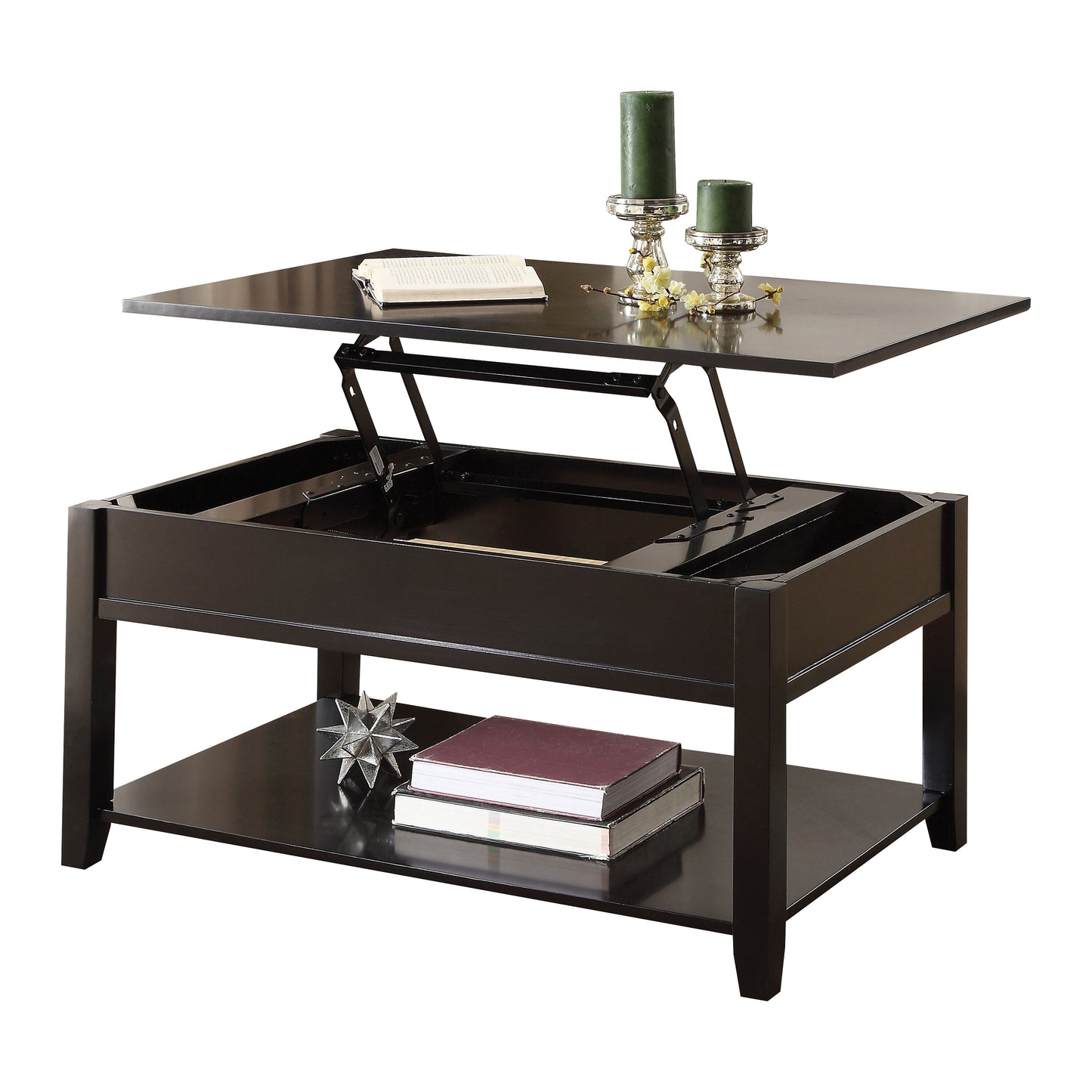 Dark brown lifttop coffee table with open storage and a lower shelf