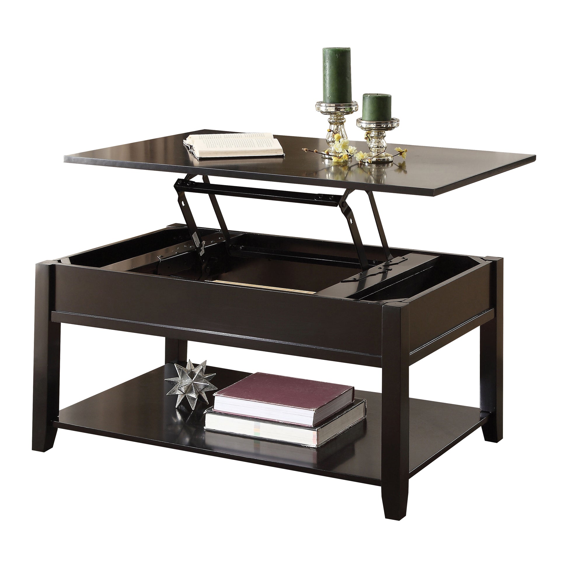 Dark brown lifttop coffee table with open storage and a lower shelf