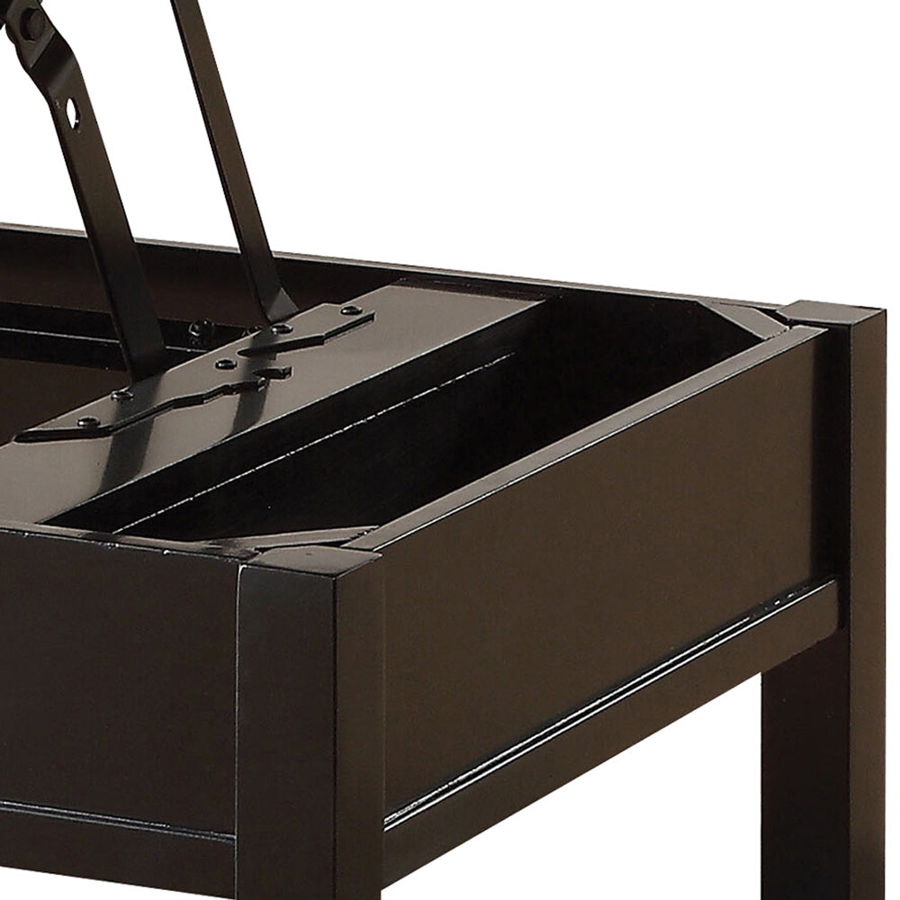 Dark brown wooden ottoman frame with visible lift mechanism hinges