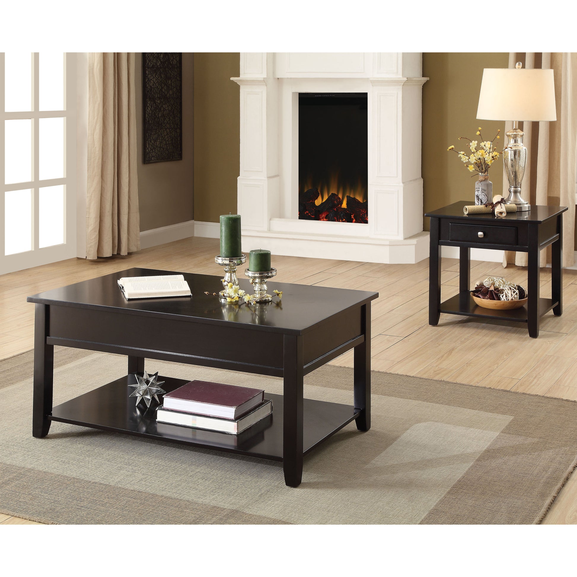 Dark brown lifttop coffee table with lower shelf and metallic star accent